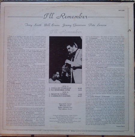 Image of Back Cover of LP - VG/VG - TONY SCOTT, BILL EVANS, JIMMY GARRISON, PETE LA ROCA, I'll Remember (Muse Records; MR 5266, US 1984), Edge and corner wear on sleeve; light mottling; small writing too,  - 1716613C