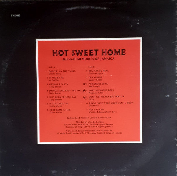 Image of Back Cover of LP - G+/G+ - VARIOUS ARTISTS, Hot Sweet Home - Reggae Memories Of Jamaica (Fay Music Inc.; FM 3090, UK 1975, Rare Lee Perry tracks!), Conservative grading, plays above grading. Sticker ghost on sleeve, general wear.,  - 1746306S