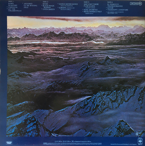 Image of Back Cover of 2xLP - VG/VG+ - SANTANA, Moonflower (CBS Picture Labels With CBS Logo On Labels; CBS 88272, UK 1970s Reissue, Gatefold With Price Code On Rear, 2 Inners), ,  - 1716628C