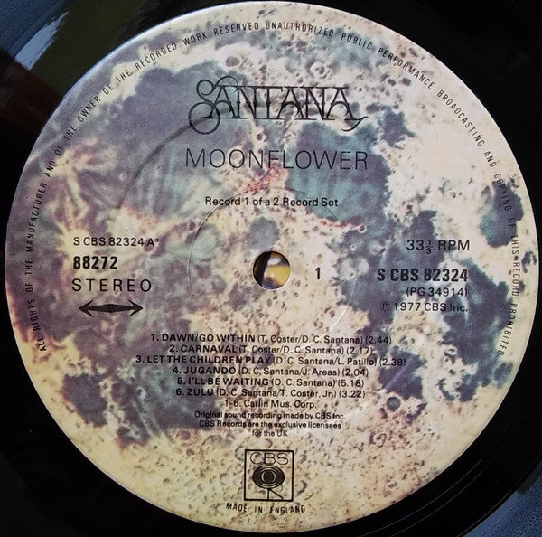 Image of Label Cover of 2xLP - VG/VG+ - SANTANA, Moonflower (CBS Picture Labels With CBS Logo On Labels; CBS 88272, UK 1970s Reissue, Gatefold With Price Code On Rear, 2 Inners), ,  - 1716628C