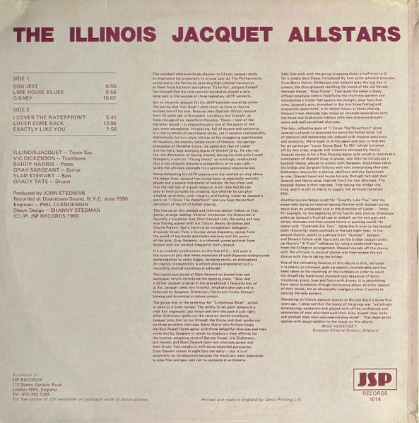 Image of Back Cover of LP - VG/VG - THE ILLINOIS JACQUET ALLSTARS, The Illinois Jacquet Allstars (JSP Records; 1014, UK 1980), Some staining and sticker glue on sleeve; light wear too,  - 1716677C