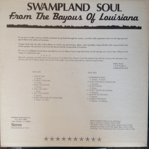 Image of Back Cover of LP - VG+/VG+ - VARIOUS, Swampland Soul From The Bayous Of Louisiana (Goldband Records; LP 7754, US 1972), ,  - 1726390E
