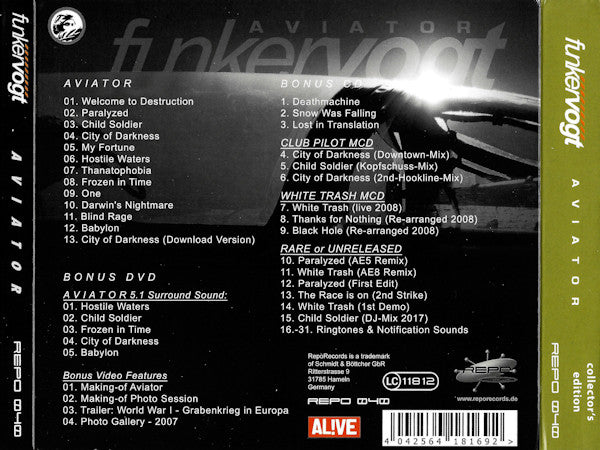 Image of Back Cover of 3xCD - VG+/VG+ - FUNKER VOGT, Aviator - Collector's Edition (RepoRecords; REPO 040, Europe 2017, Double Digipak, Booklet), ,  - 1736303E