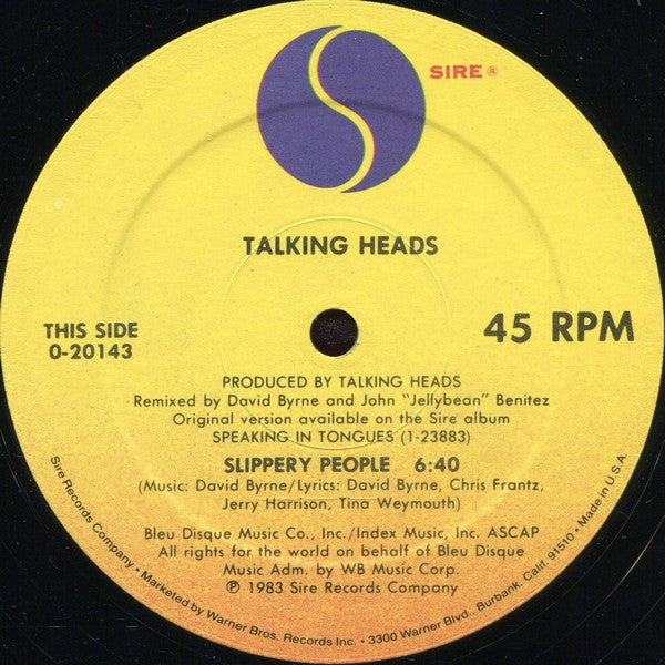 Image of Label Cover of 12" - VG/VG+ - TALKING HEADS, Slippery People / Making Flippy Floppy (Remixes) (Sire; 0-20143, US 1983, Picture Sleeve, Unusual Item - Please Enquire about Postage), Edge wear and notch cut in sleeve,  - 1726450E