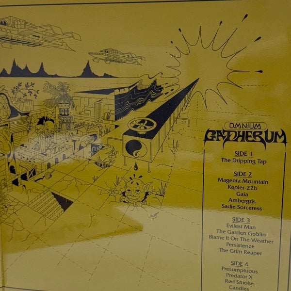 Image of Back Cover of 2xLP - NEW/NEW - KING GIZZARD & THE LIZARD WIZARD, Omnium Gatherum (p(doom) records; 8704714931, Europe 2025 Reissue, Gatefold, Cardboard Outer, Inner), ,  Omnium Gatherum  s sprawling 16 tracks ofgonzoid prog jams, dizzying pop nuggets, rubberlegged hip-hop odysseys and passages of purethrash metal abandon offer plenty for Gizzard fansand neophytes alike to chew on. Typically, Gizzardalbums pursue a single theme or style - but part ofthe thrill of  Omnium Gatherum  for the group wast