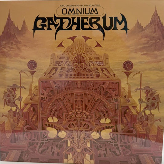 Image of Front Cover of 2xLP - NEW/NEW - KING GIZZARD & THE LIZARD WIZARD, Omnium Gatherum (p(doom) records; 8704714931, Europe 2025 Reissue, Gatefold, Cardboard Outer, Inner), ,  Omnium Gatherum  s sprawling 16 tracks ofgonzoid prog jams, dizzying pop nuggets, rubberlegged hip-hop odysseys and passages of purethrash metal abandon offer plenty for Gizzard fansand neophytes alike to chew on. Typically, Gizzardalbums pursue a single theme or style - but part ofthe thrill of  Omnium Gatherum  for the group was
