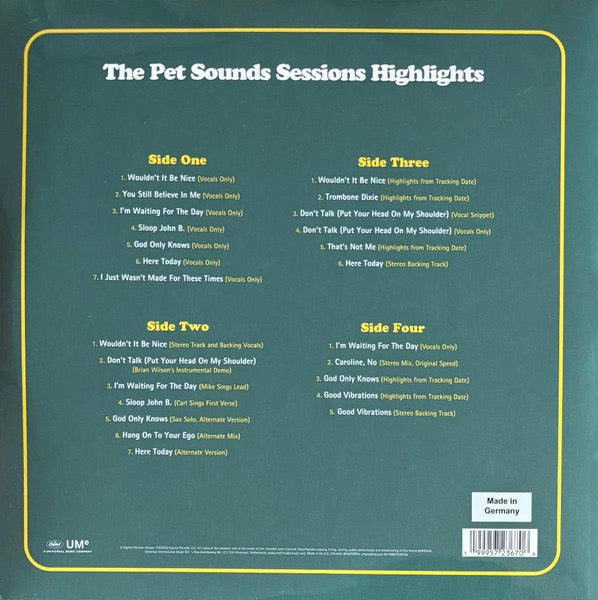 Image of Back Cover of 2xLP - NEW/NEW - THE BEACH BOYS, The Pet Sounds Sessions Highlights (Universal; 5723670, Europe 2026, Gatefold, Insert), , Celebrating the 60th anniversary of the Beach Boys' legendary masterpiece, The Pet Sounds Sessions Highlights 2LP (180g) features selections from the 1997 Grammy-nominated 4CD box set The Pet Sounds Sessions. It includes 25 Pet Sounds a cappellas, alternate versions and tracking sessions (all on vinyl for the first time), along with new liner notes.  - 2056177S