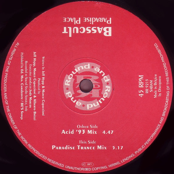 Image of Front Cover of 12" - /VG - BASSCULT, Paradise Place (Round And Round; RR 9215, Belgium 1993, Die Cut Company Sleeve), light marks only. original company sleeve,  - 1746387S