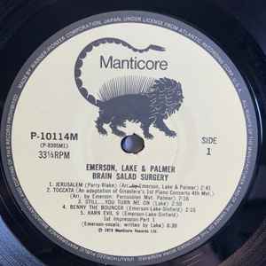 Image of Label Cover of LP - VG+/VG+ - EMERSON, LAKE & PALMER, Brain Salad Surgery (Manticore; P-10114M, Japan 1976 Reissue, Gatefold Die Cut Triptych Cover, Insert, Poster, With Obi), Small splits on folds of poster,  - 1846009S