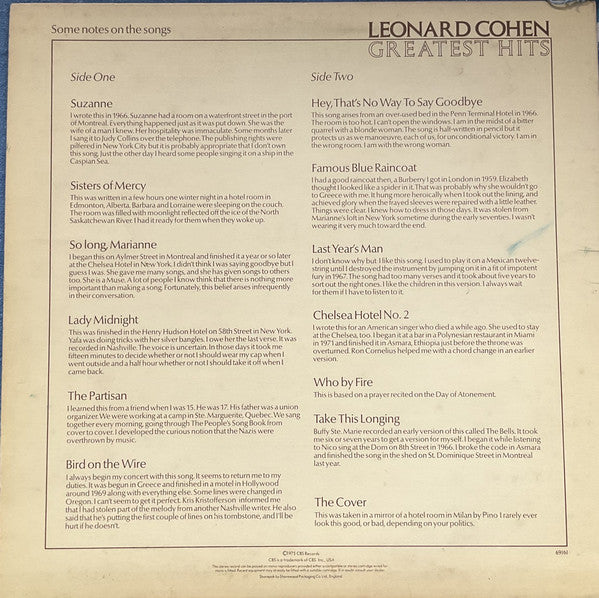 Image of Back Cover of LP - VG+/VG+ - LEONARD COHEN, Greatest Hits (CBS Orange/Yellow; 69161, UK 1975, Inner & Insert, LC 0149 Code on Label), ,  - 1826064E