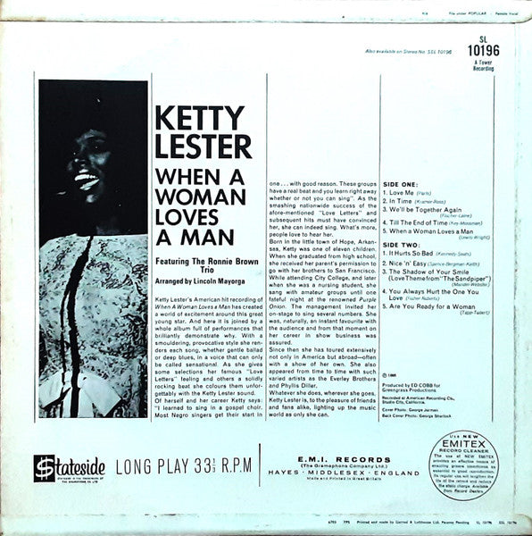 Image of Back Cover of LP - VG/VG - KETTY LESTER, When A Woman Loves A Man (Stateside; SL 10196, UK 1966, Mono), ,  - 1846061S