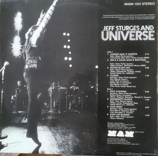 Image of Back Cover of LP - VG/VG+ - JEFF STURGES, Jeff Sturges And Universe (MAM Black Labels; MAMA 1002, UK 1971, Gatefold), Writing inside gatefold, corner bump,  - 1846113S