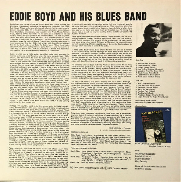 Image of Back Cover of LP - VG+/VG+ - EDDIE BOYD AND HIS BLUES BAND FEATURING PETER GREEN, Eddie Boyd And His Blues Band (Crosscut Records ; CCR 1002, Germany 1982 Reissue, Laminated Sleeve), Strong VG+,  - 1726513E