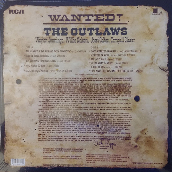 Image of Back Cover of LP - EX/VG+ - WAYLON JENNINGS, WILLIE NELSON, JESSI COLTER, TOMPALL GLASER, Wanted! The Outlaws (Sony Music; 19075958971, Europe 2019 Reissue), ,  - 1846139S