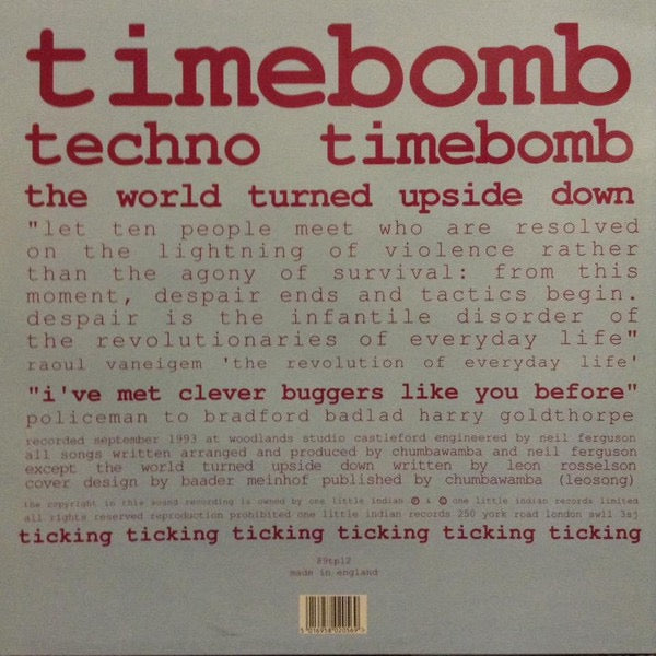 Image of Back Cover of 12" - VG/VG - CHUMBAWAMBA, Timebomb (One Little Indian; 89TP12, UK 1993, Picture Sleeve), Corner cut sleeve. ,  - 1816133C