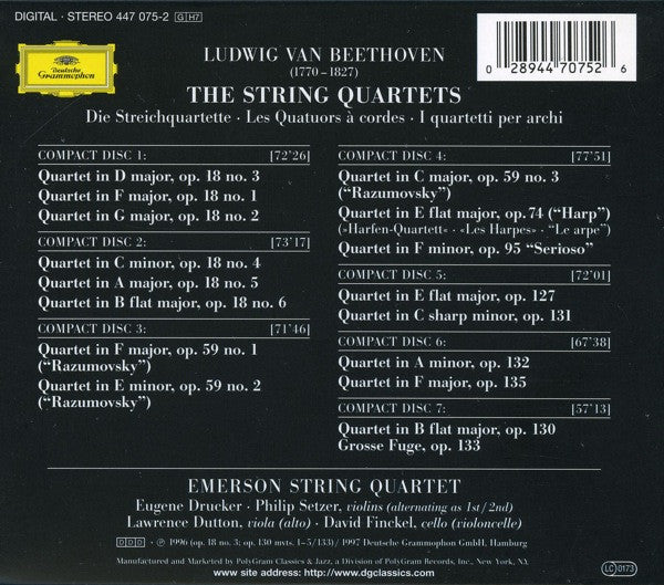 Image of Back Cover of 7xCD - VG+/VG+ - EMERSON STRING QUARTET, Beethoven: The String Quartets (Deutsche Grammophon; 447 075-2, UK, Europe & US 1997, Box Set, Booklet), ,  - 1736255E