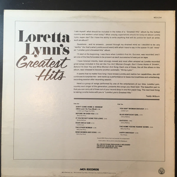 Image of Back Cover of LP - VG/VG - LORETTA LYNN, Greatest Hits (MCA Records; MCA 2341, US 1980 Reissue), ,  - 1816213C