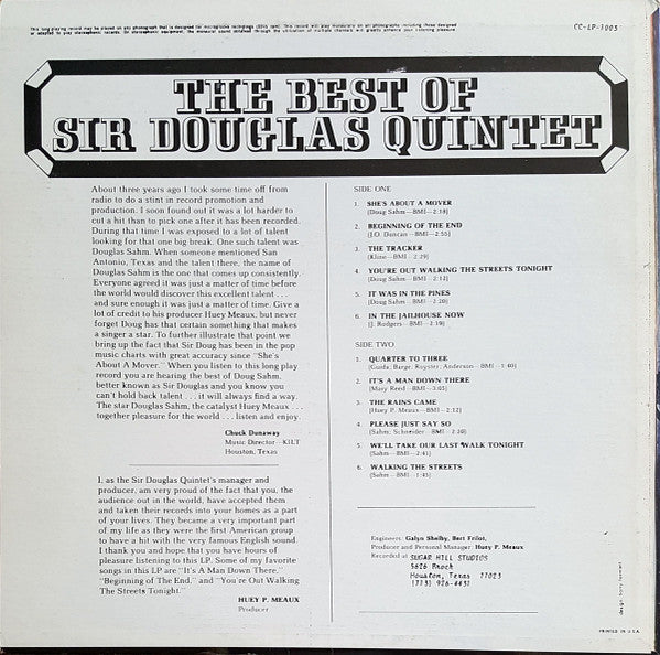 Image of Back Cover of LP - VG/VG+ - SIR DOUGLAS QUINTET (DOUG SAHM), The Best Of Sir Douglas Quintet (Crazy Cajun; CC-LP-1003, US 1960s Reissue, Mono), ,  - 1816192C