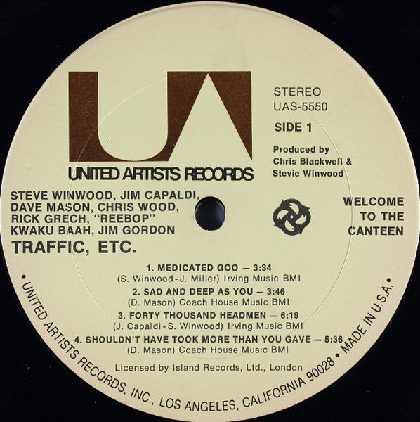 Image of Label Cover of LP - VG+/VG+ - TRAFFIC, Welcome To The Canteen (United Artists Records; UAS-5550, US 1971, Terre Haute Pressing), Small corner cut sleeve,  - 1816196C
