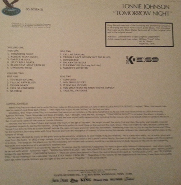 Image of Back Cover of 2xLP - VG/VG - LONNIE JOHNSON, Tomorrow Night (Gusto Records; GD 5039X(2), US 1978), ,  - 1816360C