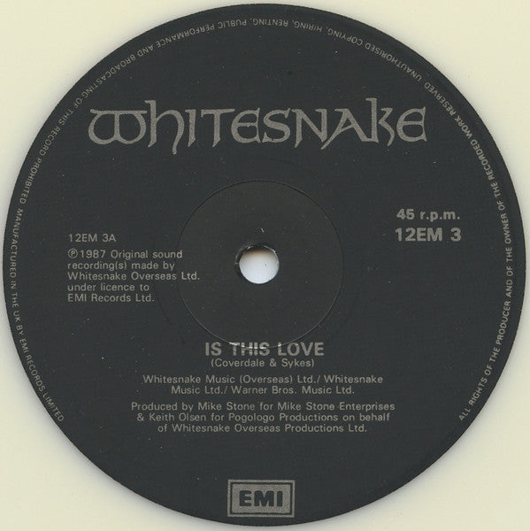Image of Label Cover of LP - VG+/VG - WHITESNAKE, Is This Love (EMI; 12EMW 3, UK 1987, Hype Stickered Sleeve, White Vinyl), Light marks, nice sleeve.,  - 1816220C