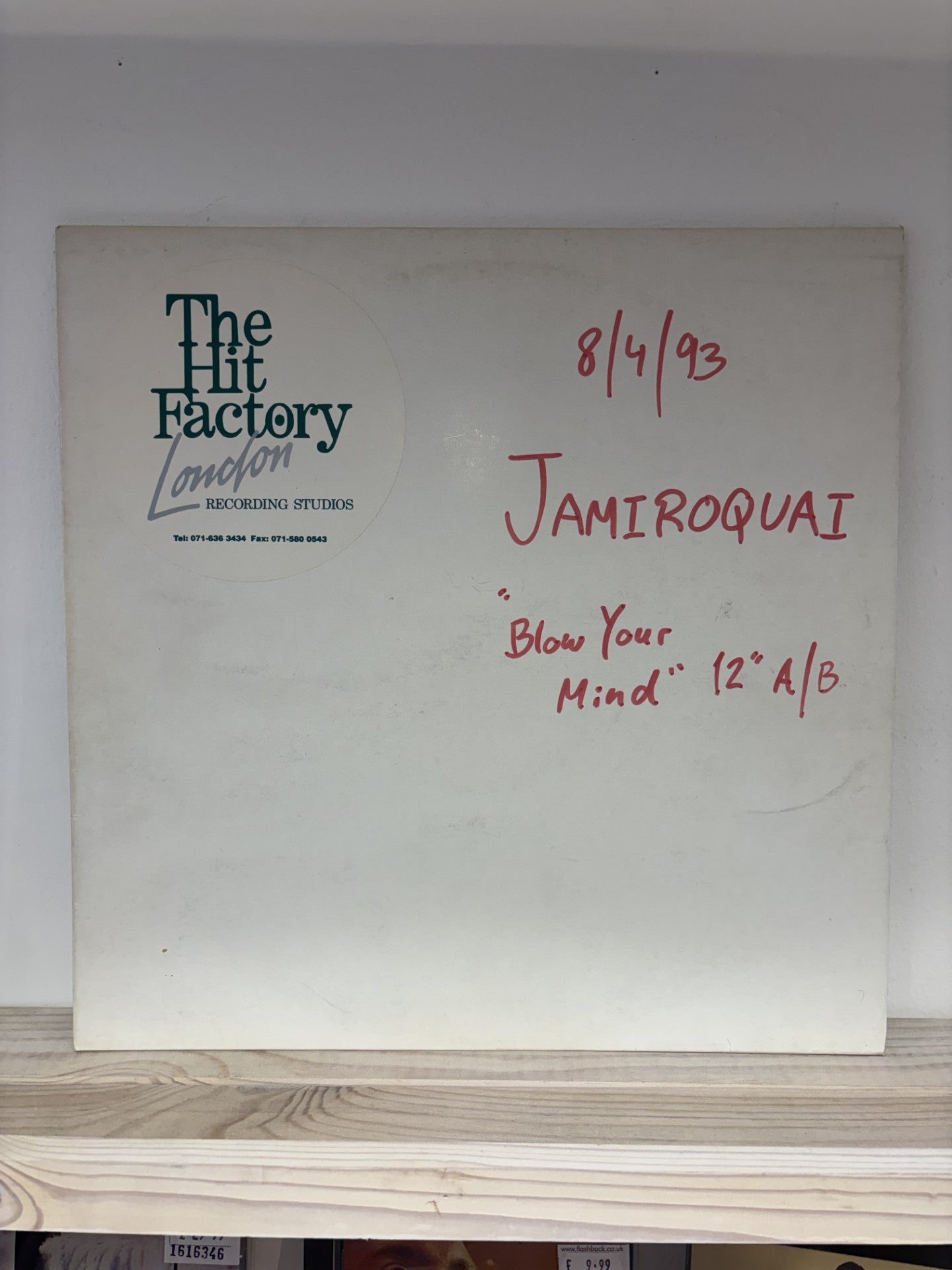 Image of Front Cover of 12" - VG+/VG+ - JAMIROQUAI, Blow Your Mind (Parts 1 & 2) / Hooked Up (Not On Label; none, UK 1993, The Hits Factory Stickered Sleeve, Acetate), Clean glossy acetate, nice strong smell, Clean hand written Hits Factory sleeve, Variant with Hooked Up instrumental on B side. ,  - 1816202C