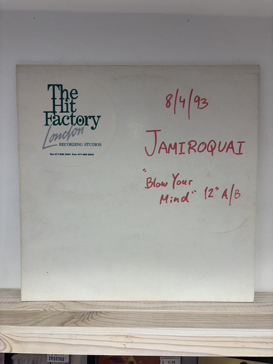 Image of Front Cover of 12" - VG+/VG+ - JAMIROQUAI, Blow Your Mind (Parts 1 & 2) / Hooked Up (Not On Label; none, UK 1993, The Hits Factory Stickered Sleeve, Acetate), Clean glossy acetate, nice strong smell, Clean hand written Hits Factory sleeve, Variant with Hooked Up instrumental on B side. ,  - 1816202C