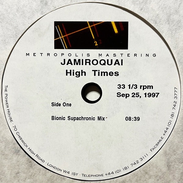 Image of Back Cover of 12" - VG+/VG+ - JAMIROQUAI, High Times (Sony Soho Square; none, UK 1997, Stickered Metropolis Mastering Sleeve, Acetate), Clean glossy acetate, nice strong smell, Just one light mark to plain stickered sleeve, Very light ring wear. , A High Times (Bionic Suprachronic Mix) 8:39B High Times (Doobie Dub) 6:47 - 1816203S