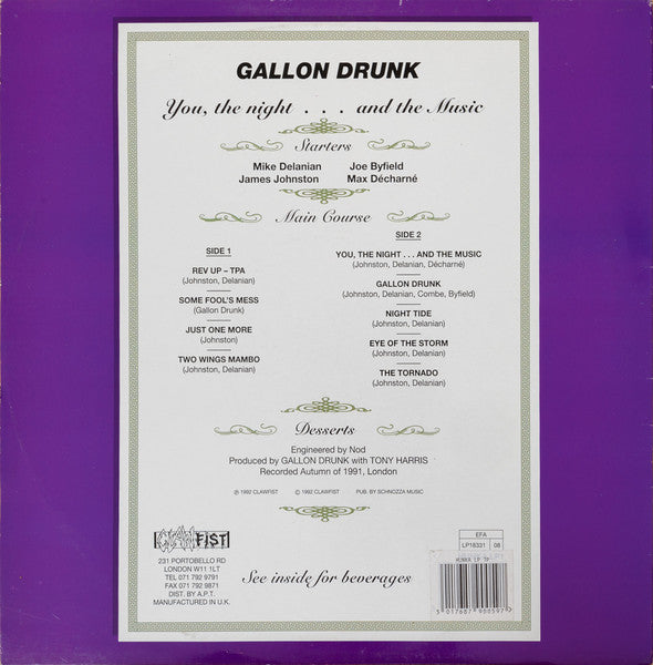 Image of Back Cover of LP - VG/VG - GALLON DRUNK, You, The Night...And The Music (Clawfist; HUNKA LP1, UK 1992, With Poster), Edge wear, light marks. Unused poster - VG+.,  - 1816416C