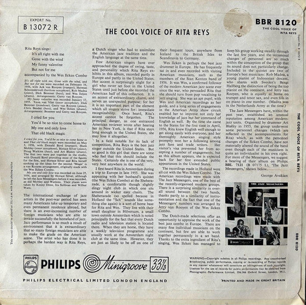 Image of Back Cover of 10" LP - G/VG+ - RITA REYS WITH THE WESSEL ILCKEN COMBO, The Cool Voice Of Rita Reys (Philips; BBR.8120, UK 1957, Laminated Front Sleeve, Mono), Sleeve liquid damaged / stained, creased and wavy; ripped at bottom corner (opening) and on reverse side. Some light marks on disc,  - 1816452C