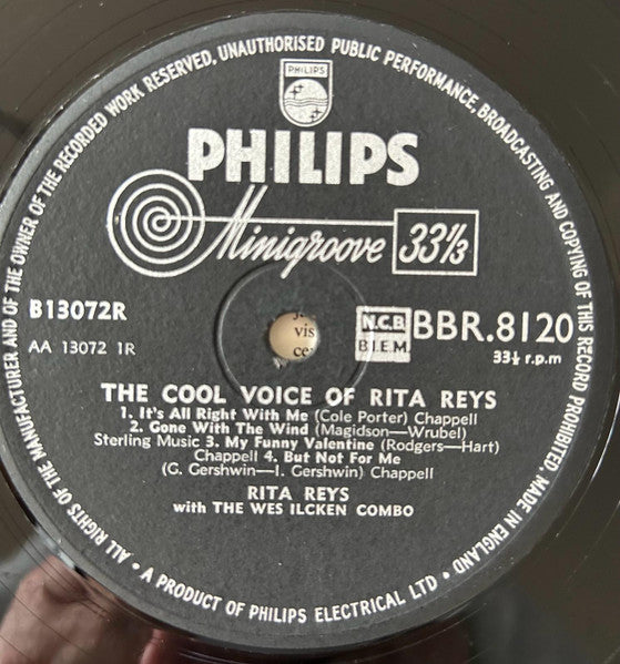 Image of Label Cover of 10" LP - G/VG+ - RITA REYS WITH THE WESSEL ILCKEN COMBO, The Cool Voice Of Rita Reys (Philips; BBR.8120, UK 1957, Laminated Front Sleeve, Mono), Sleeve liquid damaged / stained, creased and wavy; ripped at bottom corner (opening) and on reverse side. Some light marks on disc,  - 1816452C