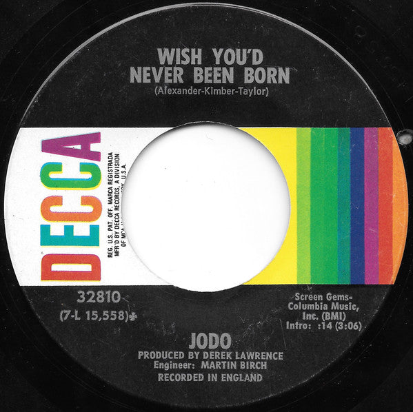 Image of Back Cover of 7" - /VG - JODO, Rat Race / Wish You'd Never Been Born (Decca ; 32810, US 1971), Drill Holes Through Label,  - 1826276E
