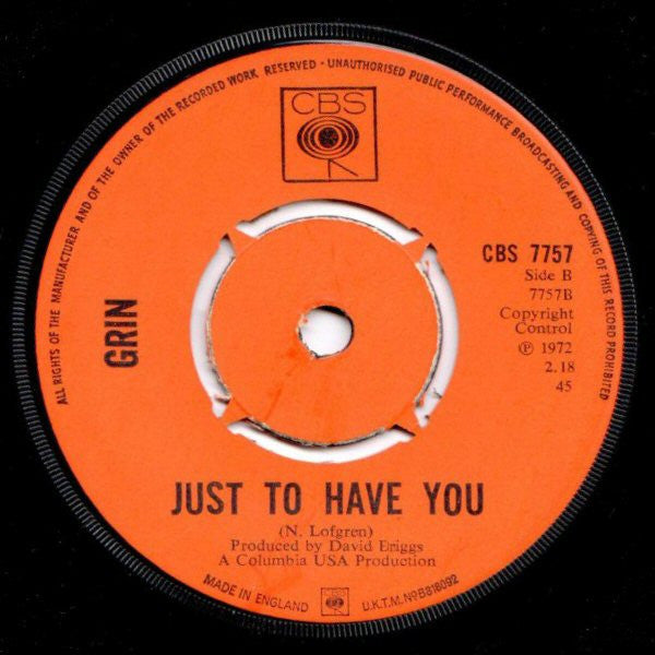 Image of Back Cover of 7" - VG+/EX - GRIN, White Lies / Just To Have You (CBS ; CBS 7757, UK 1972, Company Sleeve, Mono), Nice Copy,  - 1826275E