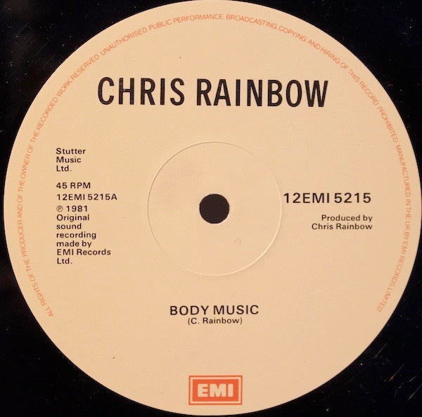Image of Front Cover of 12" - /VG - CHRIS RAINBOW, Body Music (EMI; 12EMI5215, UK 1981, Plain Sleeve), Light marks only. NO PICTURE SLEEVE.,  - 1816470C
