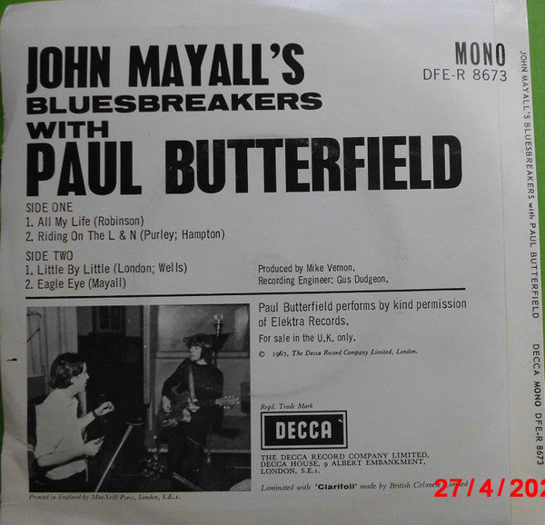 Image of Back Cover of 7" EP - VG/EX - JOHN MAYALL'S BLUESBREAKERS, All My Life (Decca Blue Boxed; DFE-R8673, UK 1967, Laminated Sleeve Without Flip Backs, Mono, 4 prong centre), Slight Sticker Damage To Sleeve, A1 - All My LifeA2 - Riding On The L & NB1 - Little By LittleB2 - Eagle Eye - 1826273E