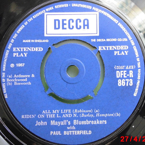 Image of Label Cover of 7" EP - VG/EX - JOHN MAYALL'S BLUESBREAKERS, All My Life (Decca Blue Boxed; DFE-R8673, UK 1967, Laminated Sleeve Without Flip Backs, Mono, 4 prong centre), Slight Sticker Damage To Sleeve, A1 - All My LifeA2 - Riding On The L & NB1 - Little By LittleB2 - Eagle Eye - 1826273E