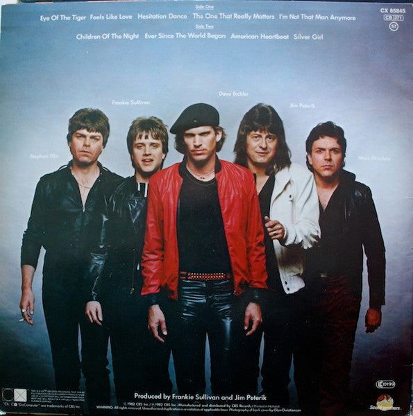 Image of Back Cover of LP - VG/G+ - SURVIVOR, Eye Of The Tiger (Scotti Bros. Records; SCT CX 85845, Europe 1982, Hype Stickered Sleeve, Inner, CX Matrices), Hairlines. ,  - 1816206C