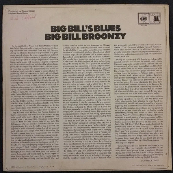 Image of Back Cover of LP - VG/G+ - BIG BILL BROONZY, Big Bill's Blues (CBS; M 52648, UK 1968, Laminated Front Sleeve, Mono), Light Marks only.,  - 2016317C
