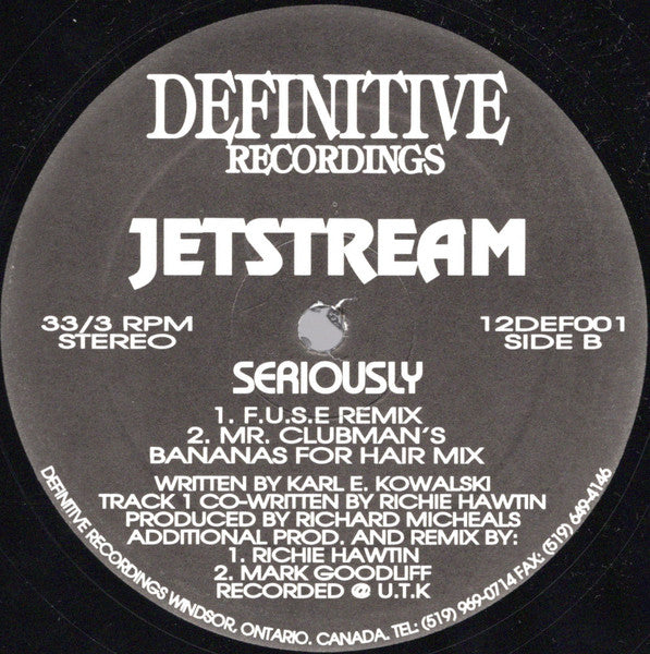 Image of Back Cover of 12" - /VG - JETSTREAM, Seriously (Definitive Recordings; 12DEF001, Canada 1992), ,  - 1846288S