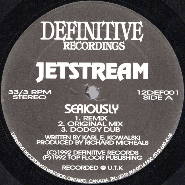 Image of Front Cover of 12" - /VG - JETSTREAM, Seriously (Definitive Recordings; 12DEF001, Canada 1992), ,  - 1846288S