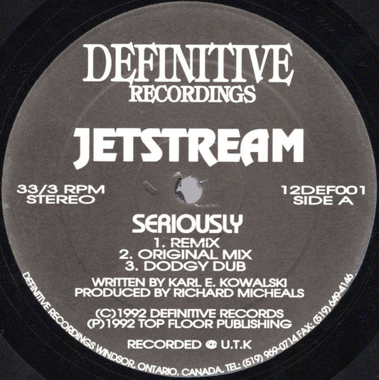 Image of Front Cover of 12" - /VG - JETSTREAM, Seriously (Definitive Recordings; 12DEF001, Canada 1992), ,  - 1846288S