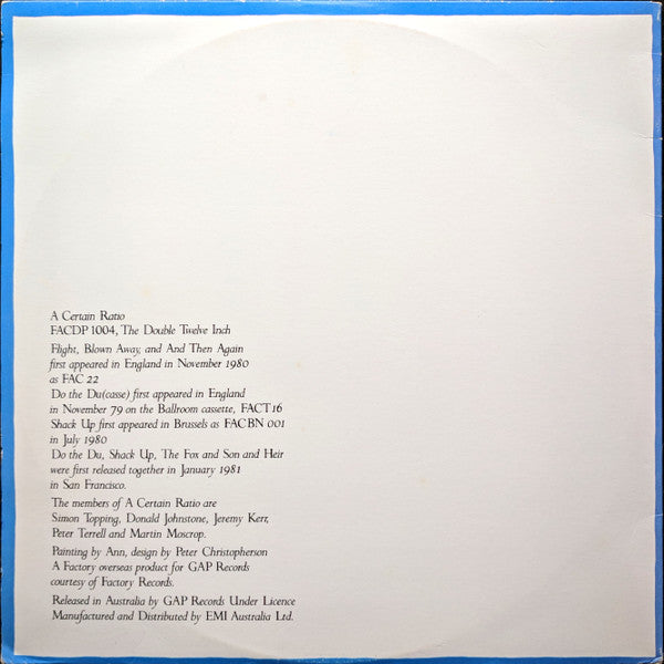 Image of Back Cover of 2x12" - G+/VG - A CERTAIN RATIO, The Double Twelve Inch (GAP Records; FACDP 1004, Australia 1981, Gatefold), Light marks, sleeve a bit worn and has a bottom seam split.,  - 1816487C