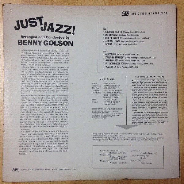 Image of Back Cover of LP - G+/VG - BENNY GOLSON, Just Jazz! (Audio Fidelity; AFLP 2150, US 1965), Sleeve has seam splits, writing, library stamp etc.,  - 1826333E