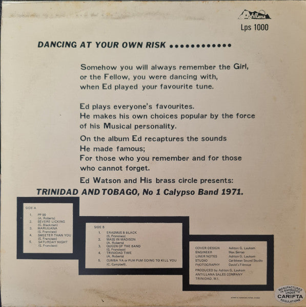 Image of Back Cover of LP - VG/VG+ - ED WATSON AND THE BRASS CIRCLE, Dancing At Your Own Risk (Antillana; LPS 1000, Canada 1971), ,  - 1816544C