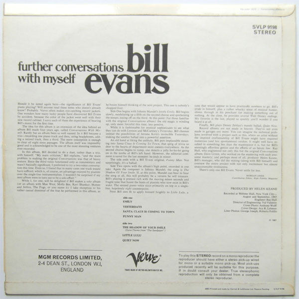 Image of Back Cover of LP - VG/VG+ - BILL EVANS, Further Conversations With Myself (Verve Records; SVLP 9198, UK 1967, Laminated Flipback Sleeve), Worn Spine,  - 1826200E