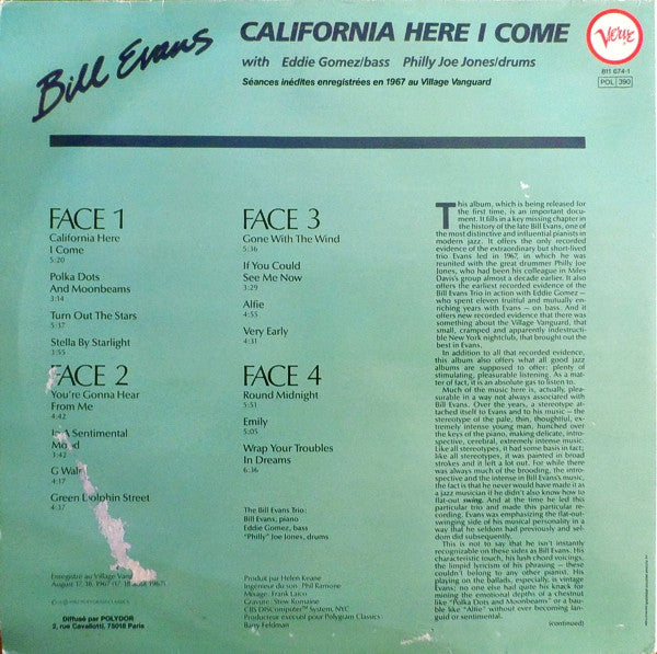 Image of Back Cover of 2xLP - VG/VG+ - BILL EVANS, California Here I Come (Verve; 811 674-1, France Reissue, Gatefold, 426/427 Matrix Nos), ,  - 2626265E