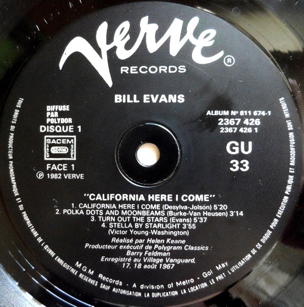 Image of Label Cover of 2xLP - VG/VG+ - BILL EVANS, California Here I Come (Verve; 811 674-1, France Reissue, Gatefold, 426/427 Matrix Nos), ,  - 2626265E