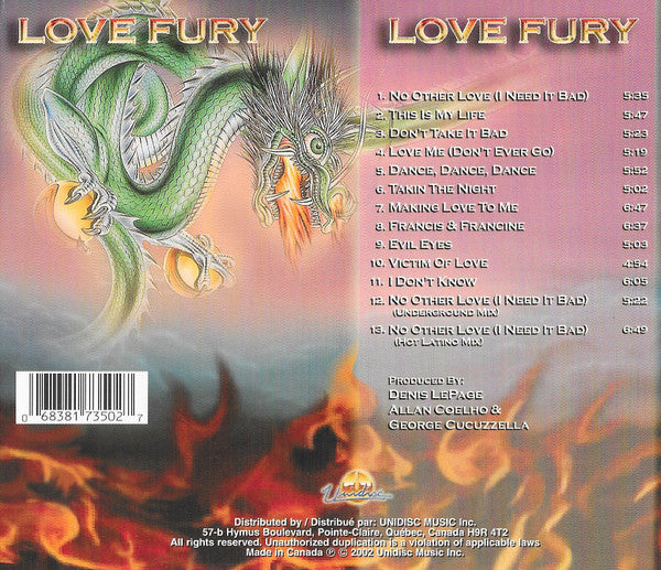 Image of Back Cover of CD - EX/EX - LIME, Love Fury (Unidisc; SPLK-7350, Canada 2002, Card Sleeve, Booklet), ,  - 1836151E