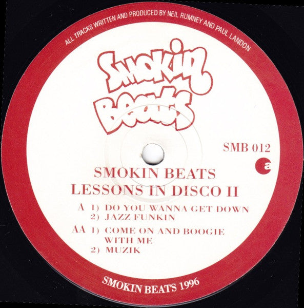 Image of Back Cover of 12" - G+/VG - SMOKIN BEATS, Lessons In Disco II - (The Lesson Continues) (Smokin Beats; SMB 012, UK 1996, Stickered Company Sleeve), Sleeve has a small rip on the back.,  - 4016012C