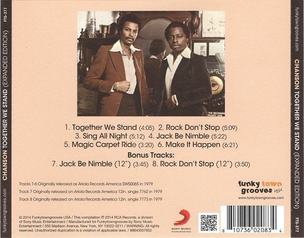 Image of Back Cover of CD - VG+/VG+ - CHANSON, Together We Stand (Funkytowngrooves; FTG-377, US 2014 Reissue, Jewel Case), ,  - 1816645C
